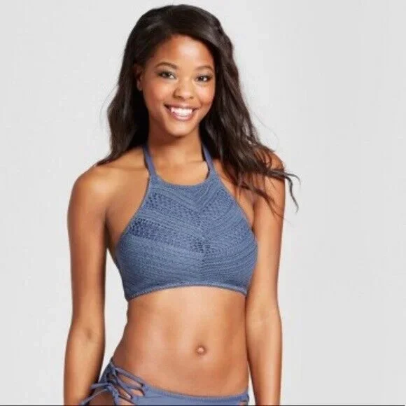 Xhilaration Bikini Top Blue Bralette Crochet Halter Strappy Knit NWT - Picture 2 of 9